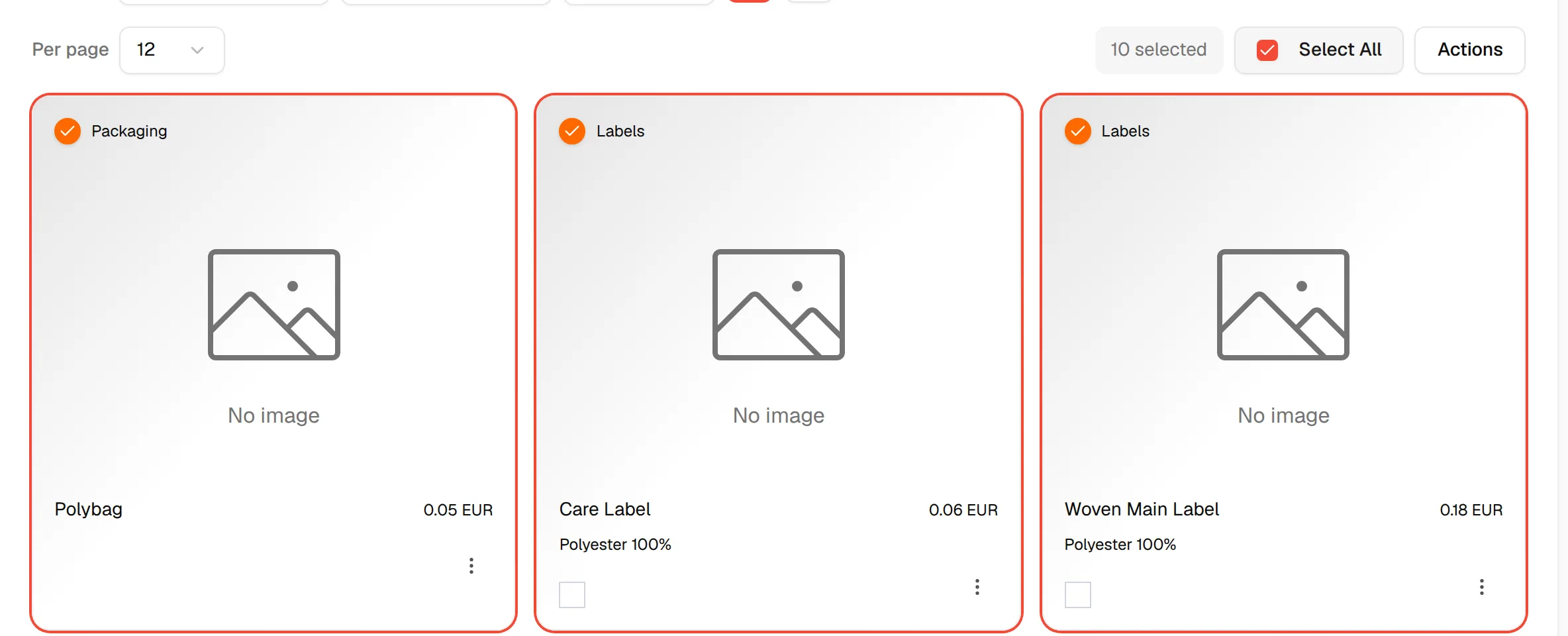 Every material card ticked, with the selected counter and Select All above the list