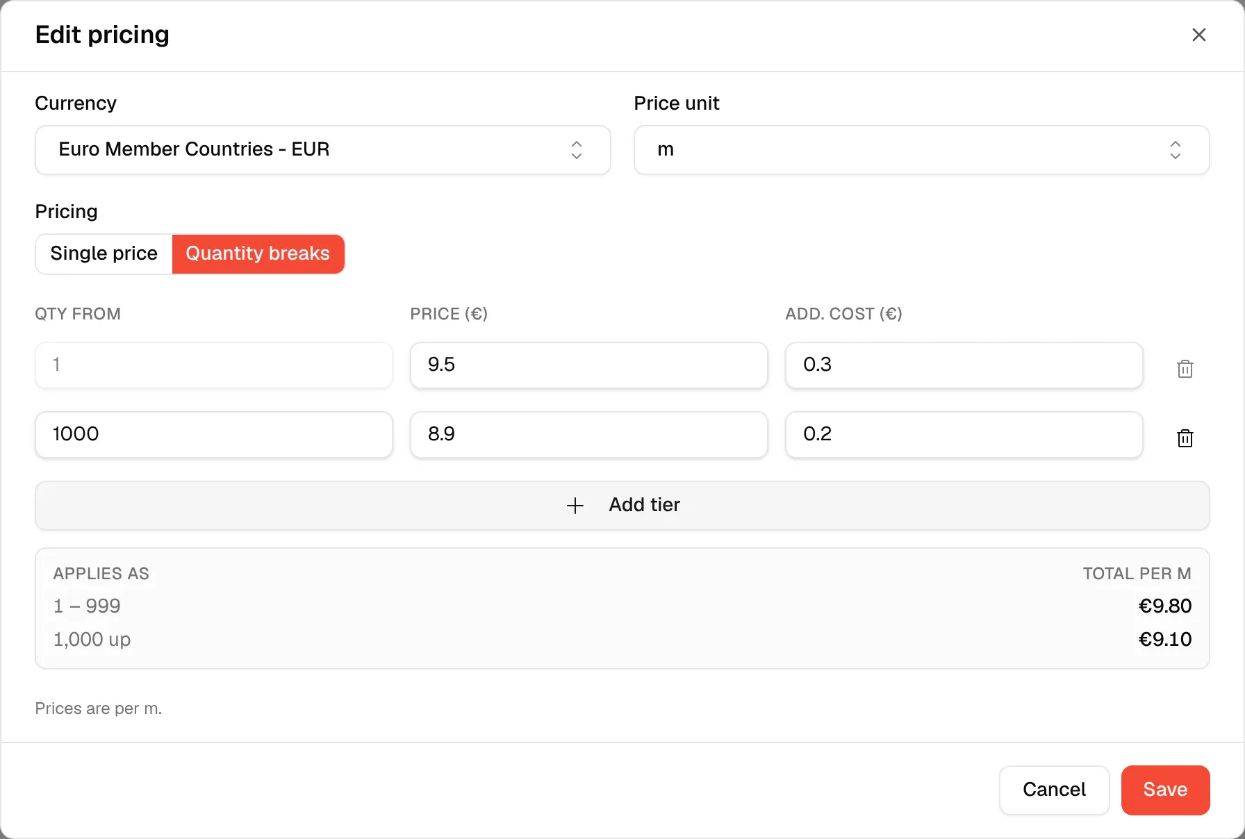 The pricing dialog opened from the Price line of a material
