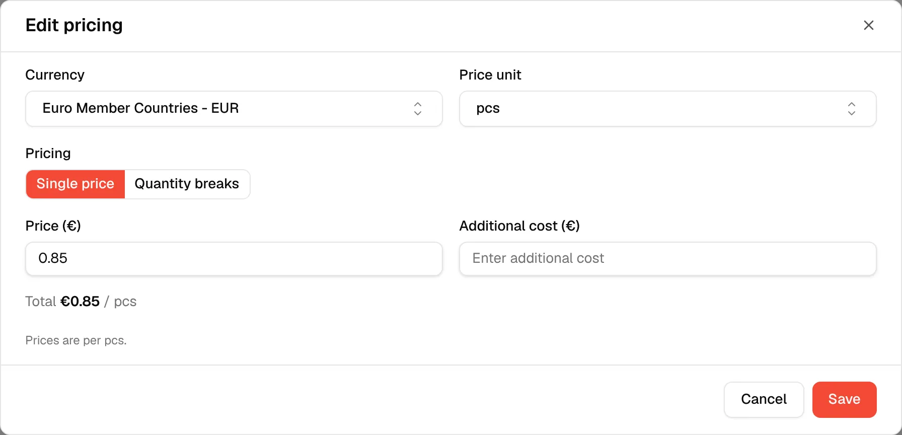 The Currency and Price unit fields at the top of the pricing dialog