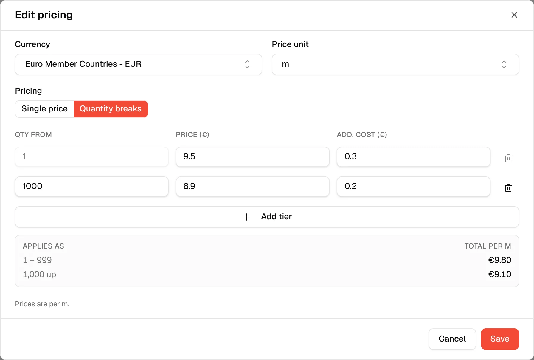 The pricing dialog with Quantity breaks selected and a table of quantity, price and additional cost