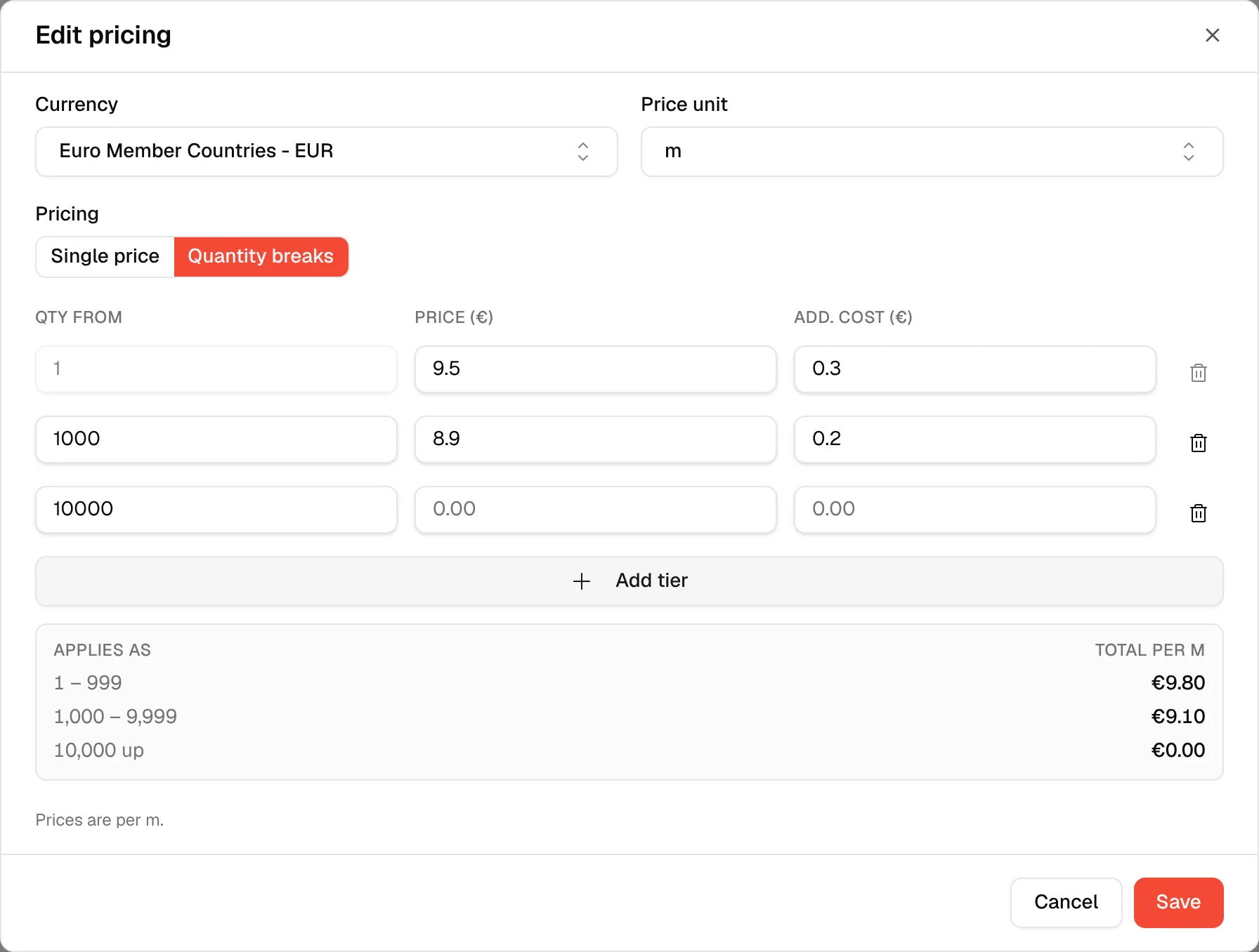 The Add tier button below the tier table with a new row added