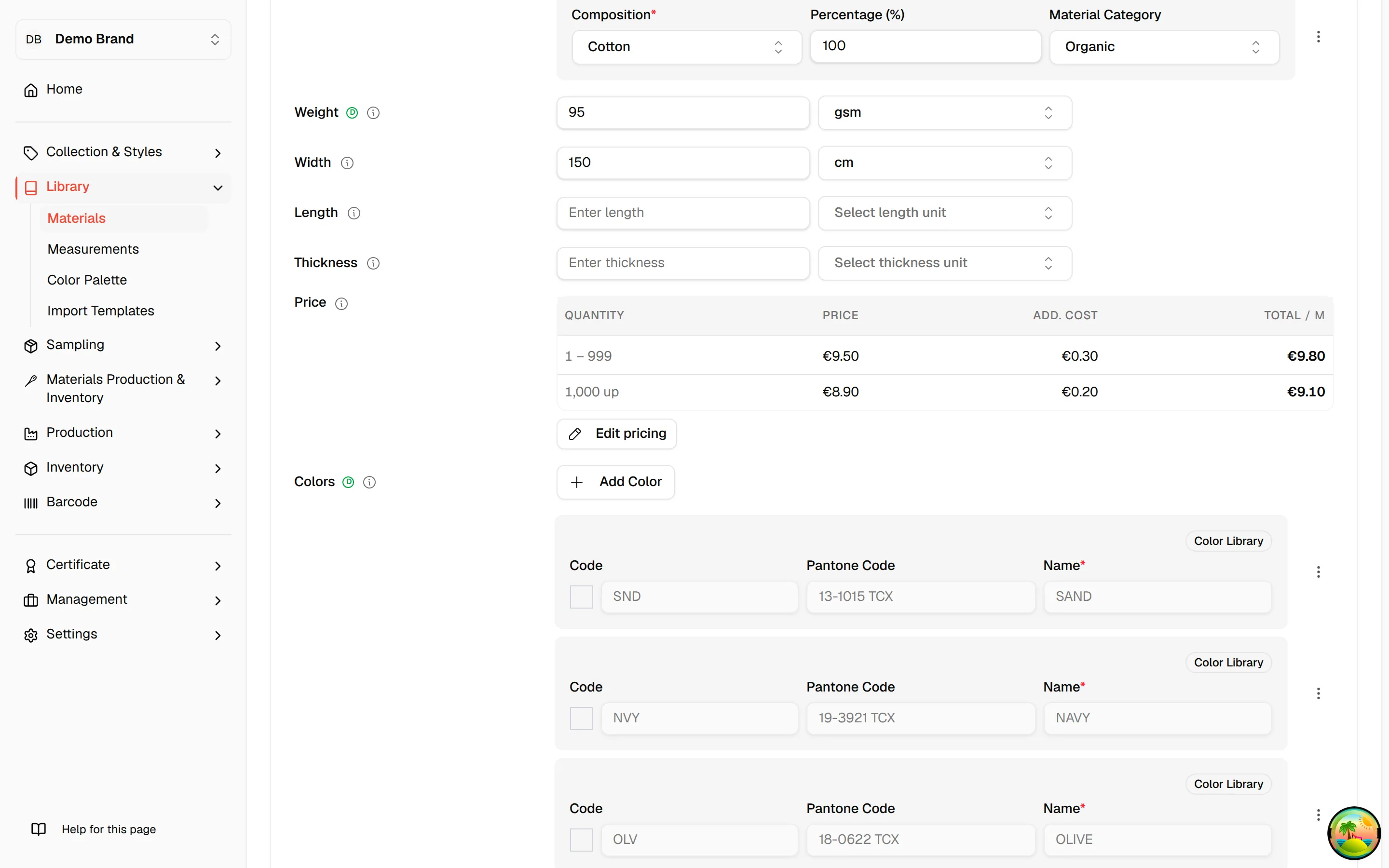The Price line of a material with a table of Quantity, Price, Add. cost and Total columns