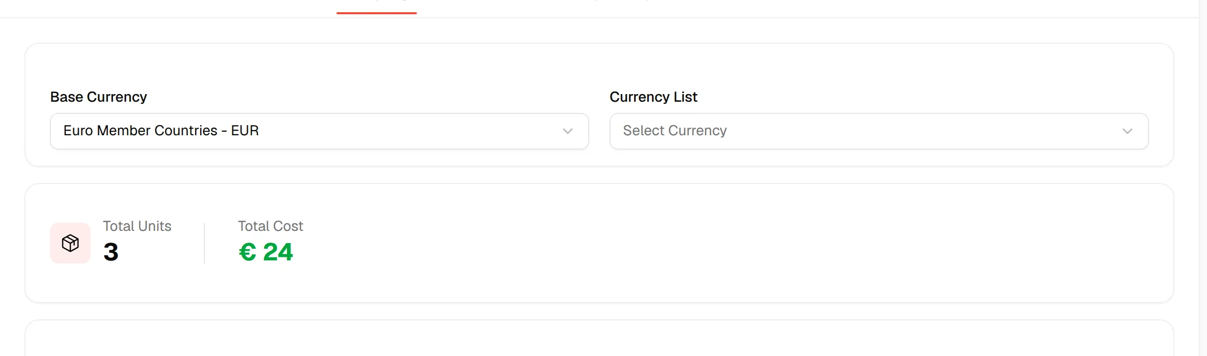 The Base Currency, Currency List, Total Units and Total Cost summary above the samples