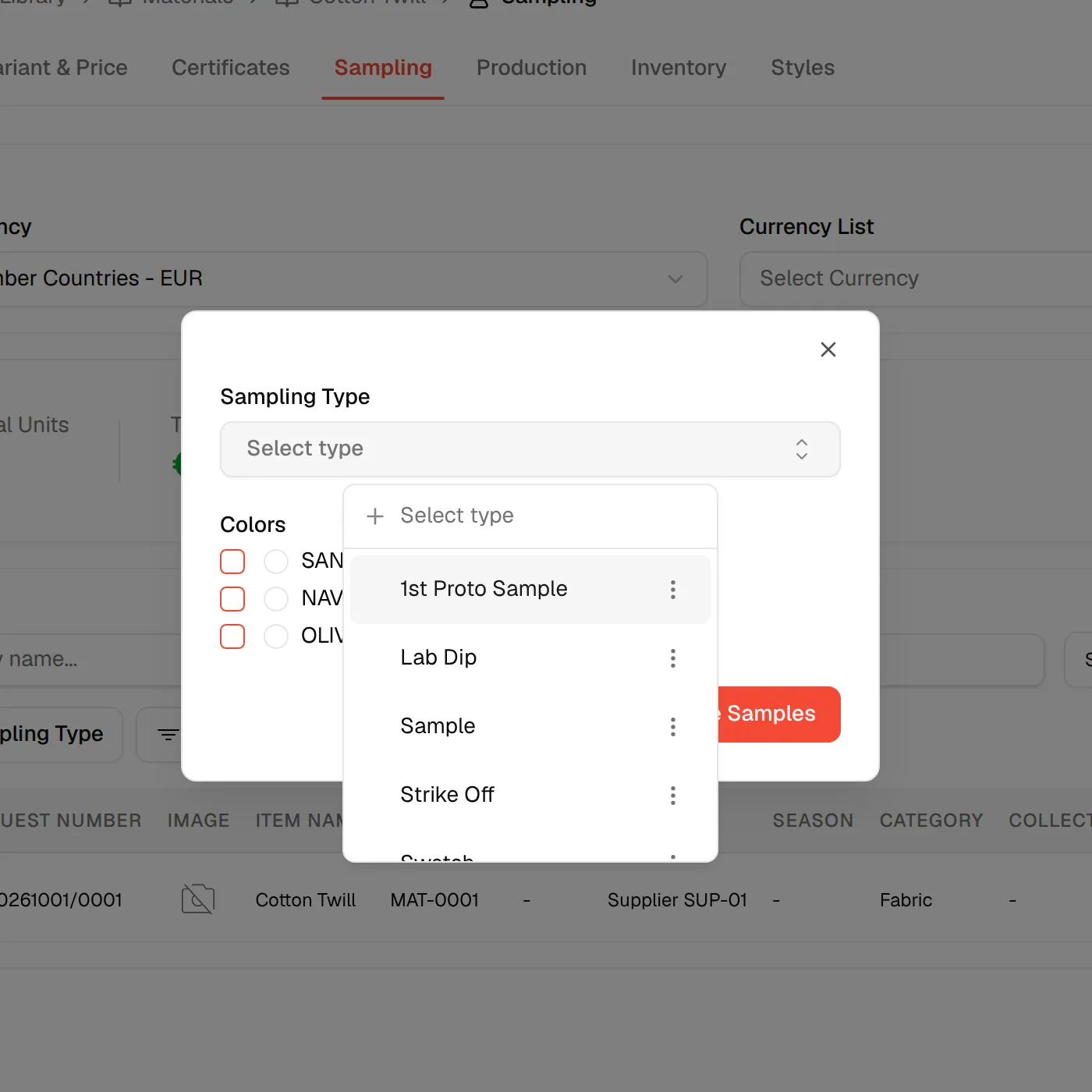 The Sampling Type field of the New Sample window open with its list of types