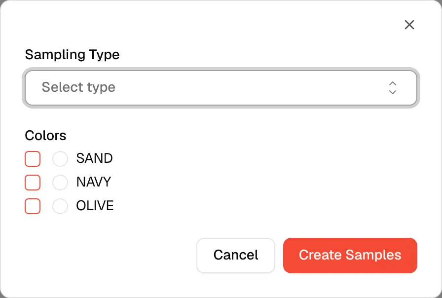 The Colors section of the New Sample window with one checkbox for each colour of the material