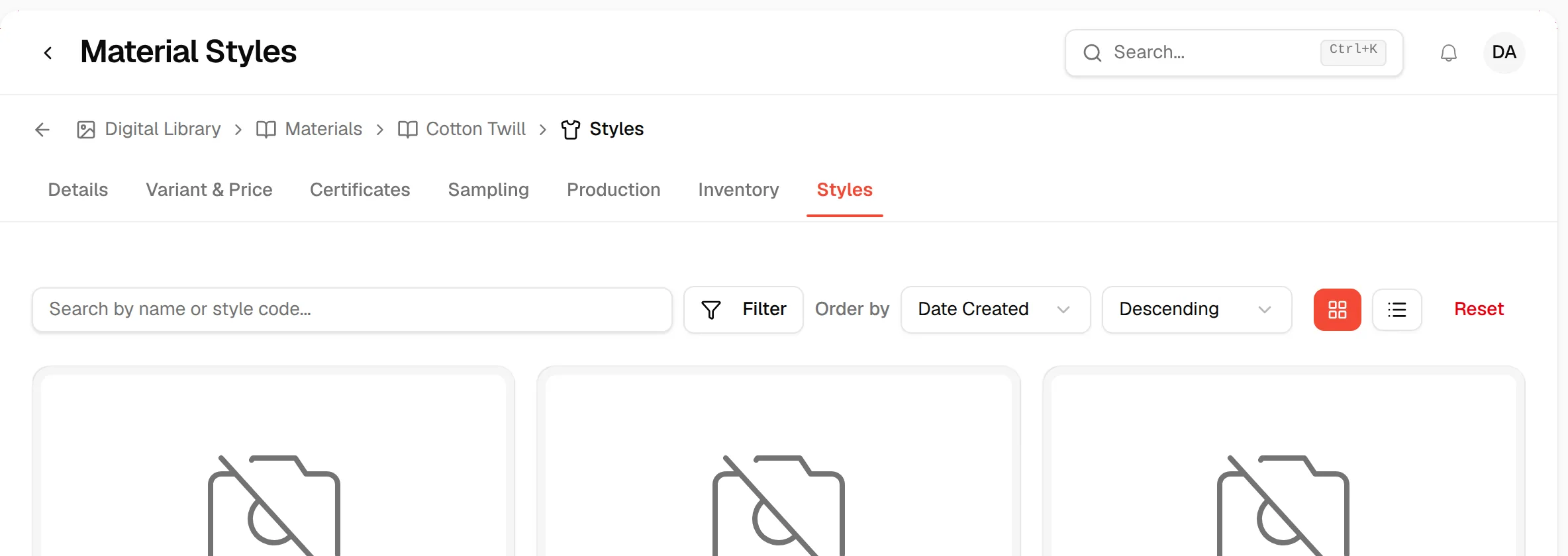 The tab row of a material with the Styles tab selected