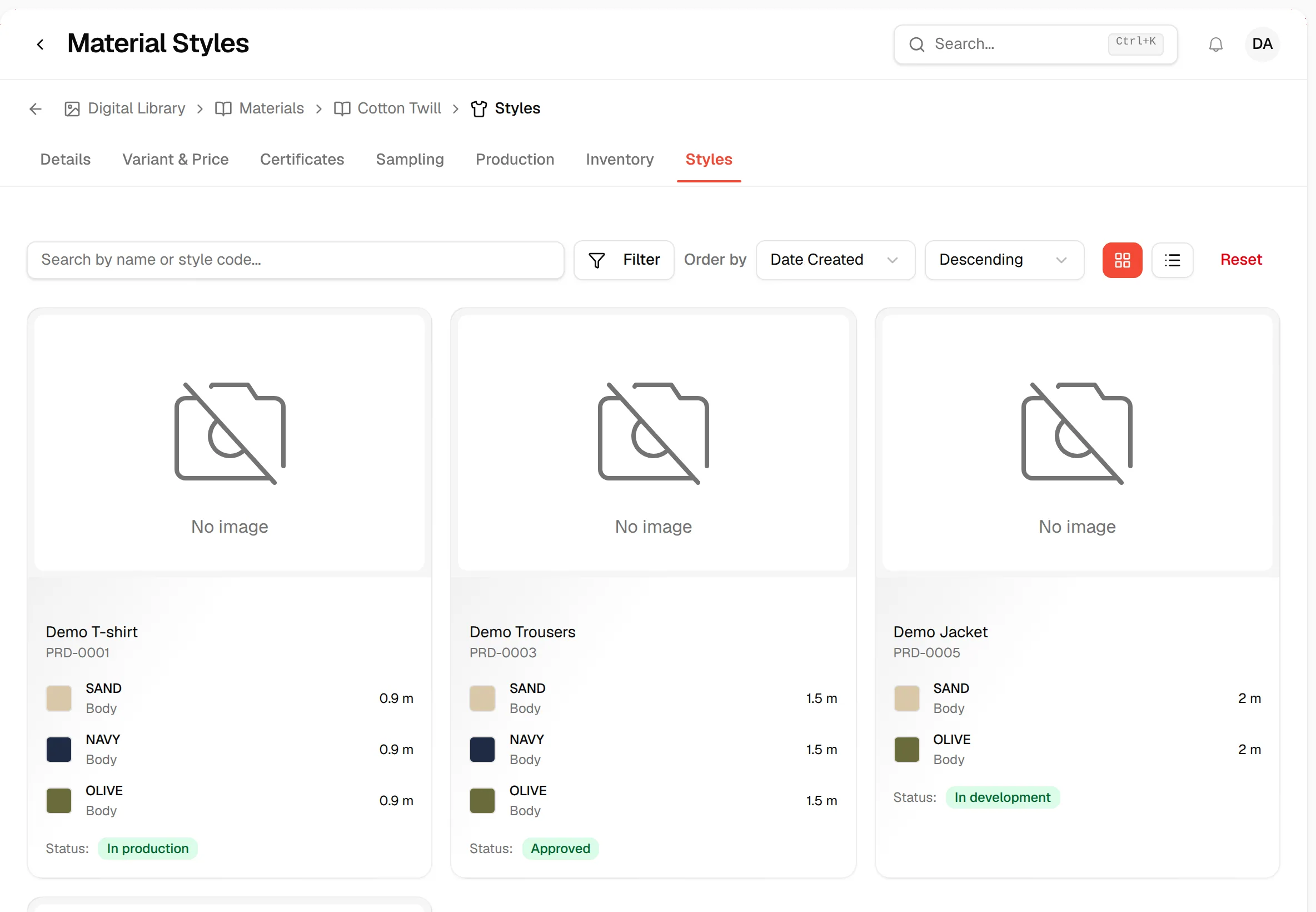 The Styles tab listing each style that uses the material as a card