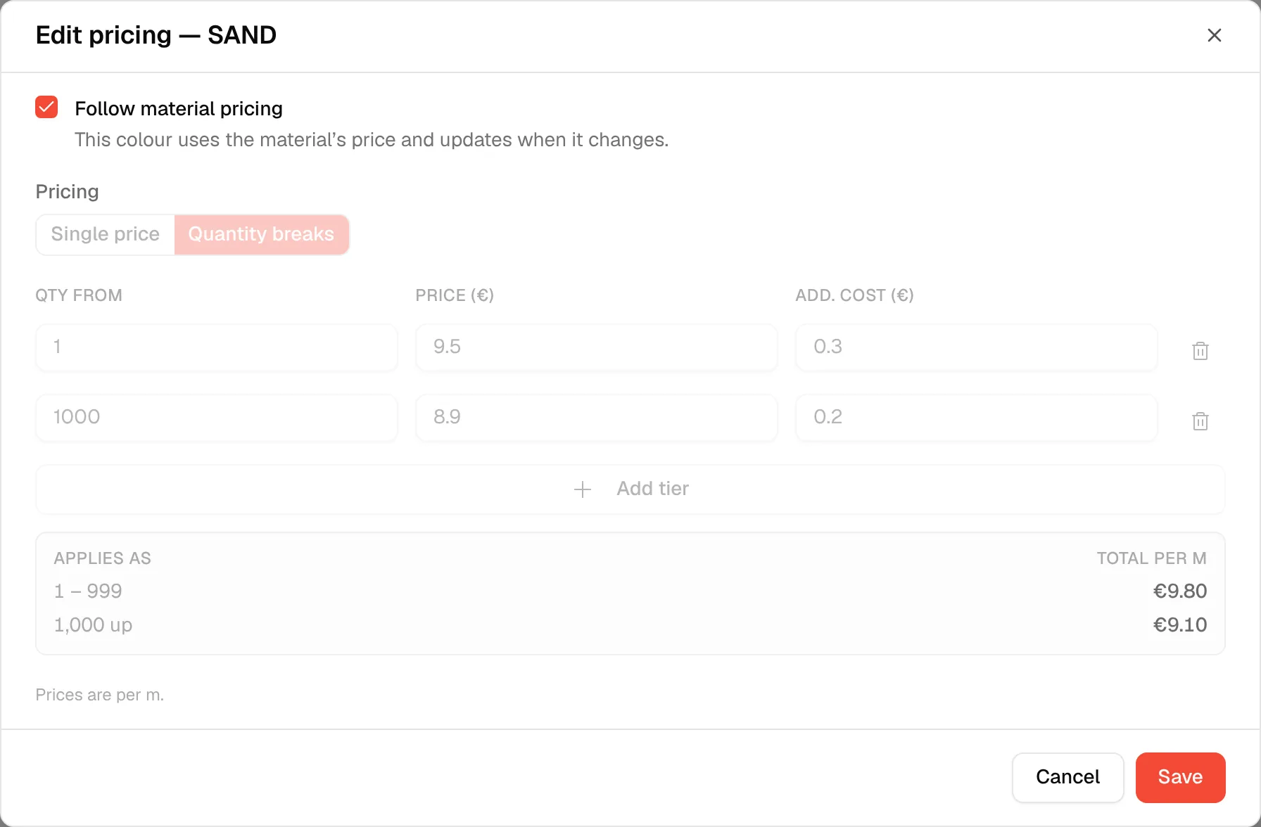 The Edit pricing dialog for the colour, with the Follow material pricing option
