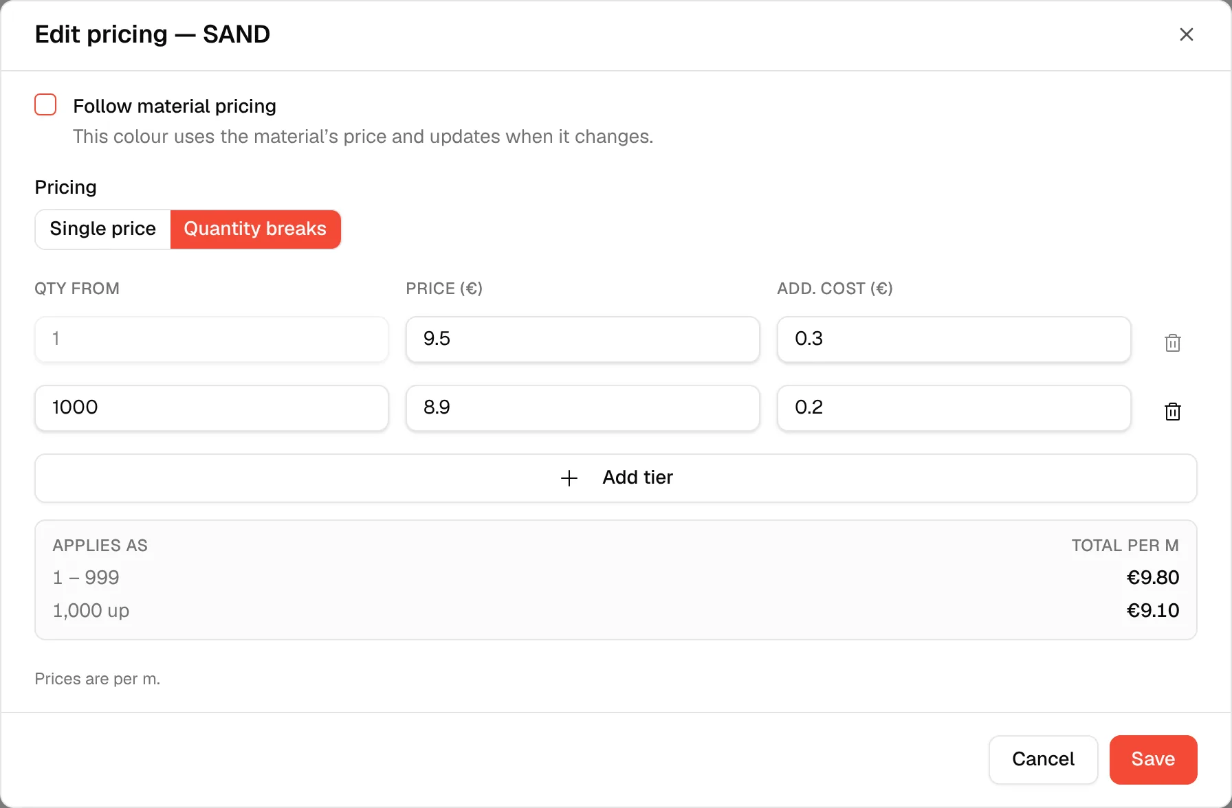 The Edit pricing dialog with Follow material pricing unchecked and the price fields unlocked