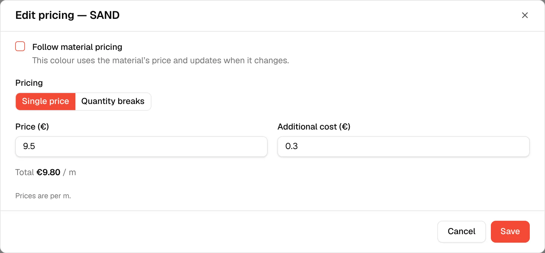 The Pricing choice with Single price selected, showing the Price and Additional cost fields