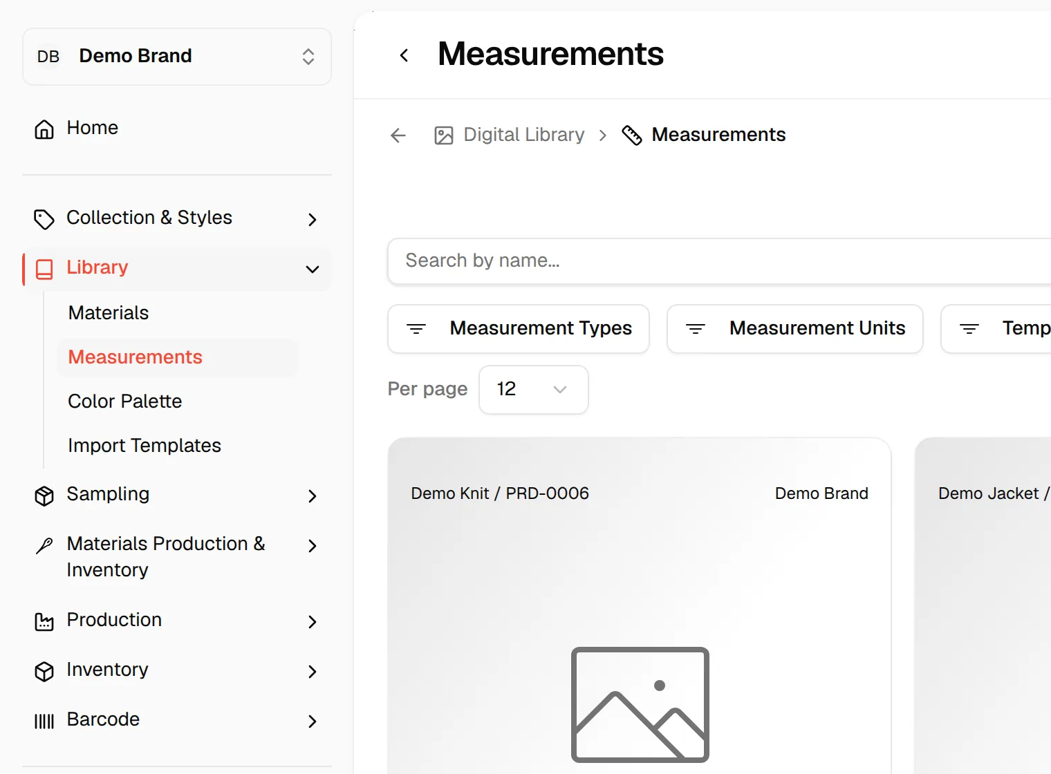 The sidebar with Library expanded and Measurements selected, next to the list of measurement cards