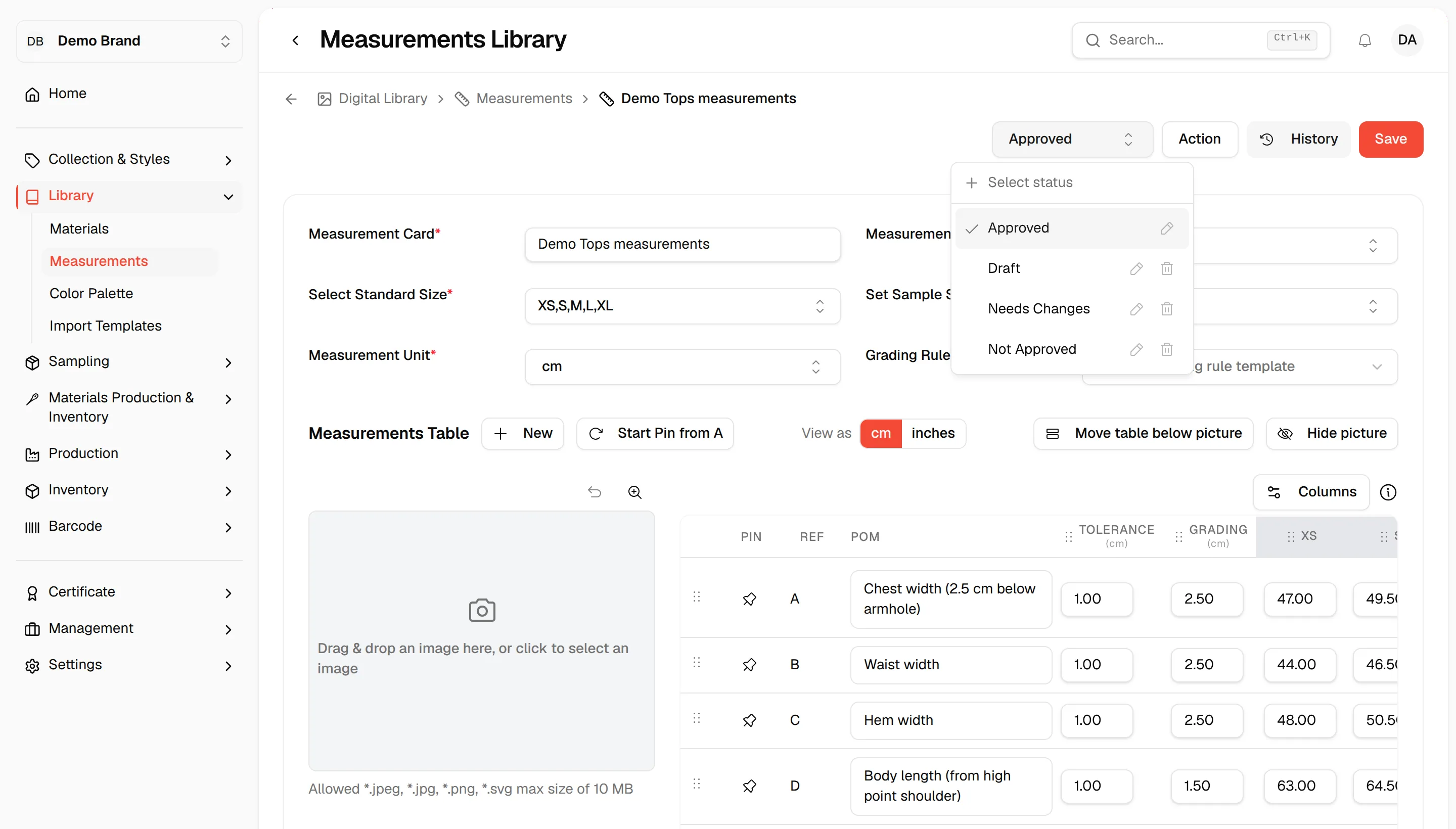 The Select status dropdown at the top right of a measurement card listing the available statuses