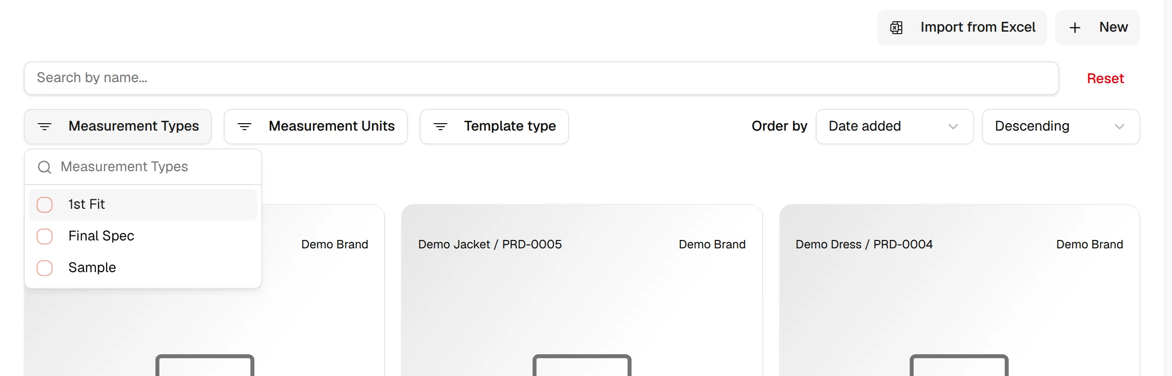 The Measurement Types filter open under the search field, with the Measurement Units, Template type, Order by and Reset controls beside it