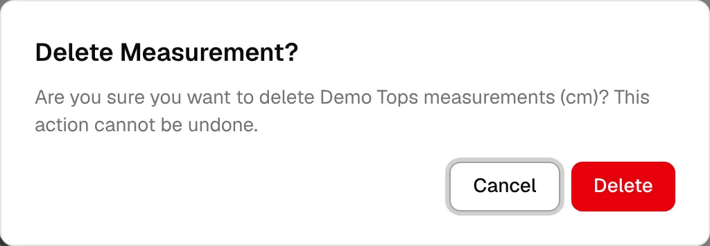 The dialog shown after Delete is chosen on a measurement card, with the confirmation message and buttons