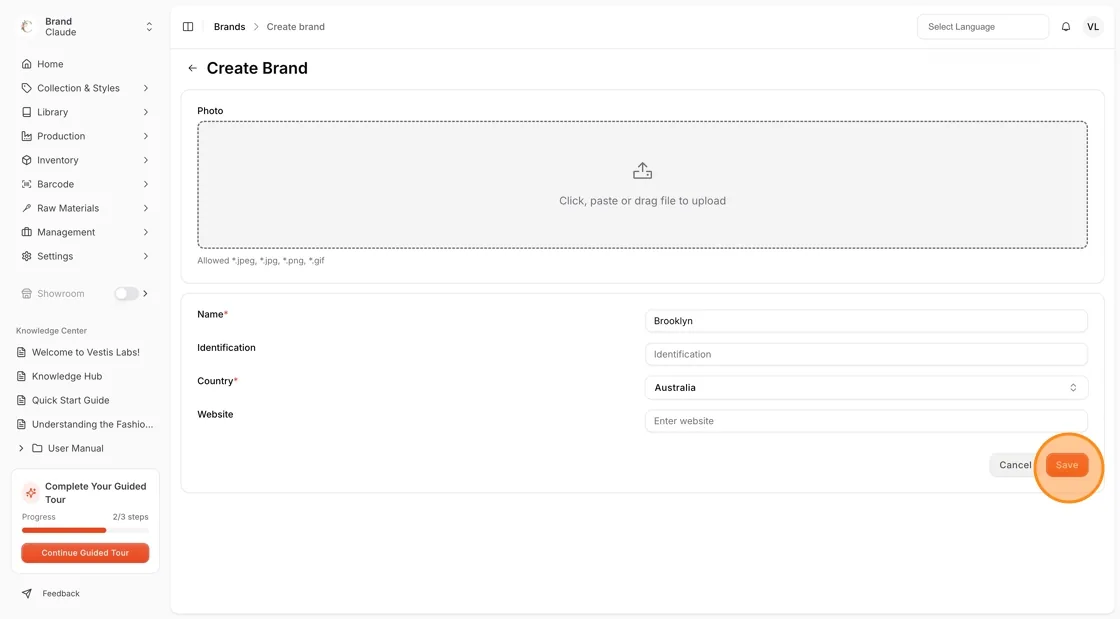 The Create Brand page with the brand details