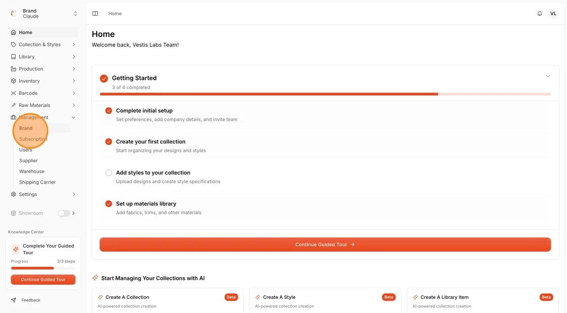 The Brand page in the Management menu