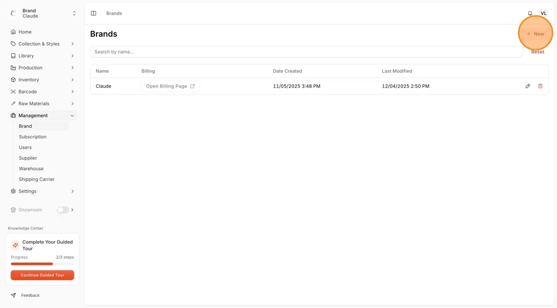 The New button in the upper-right corner of the Brand page