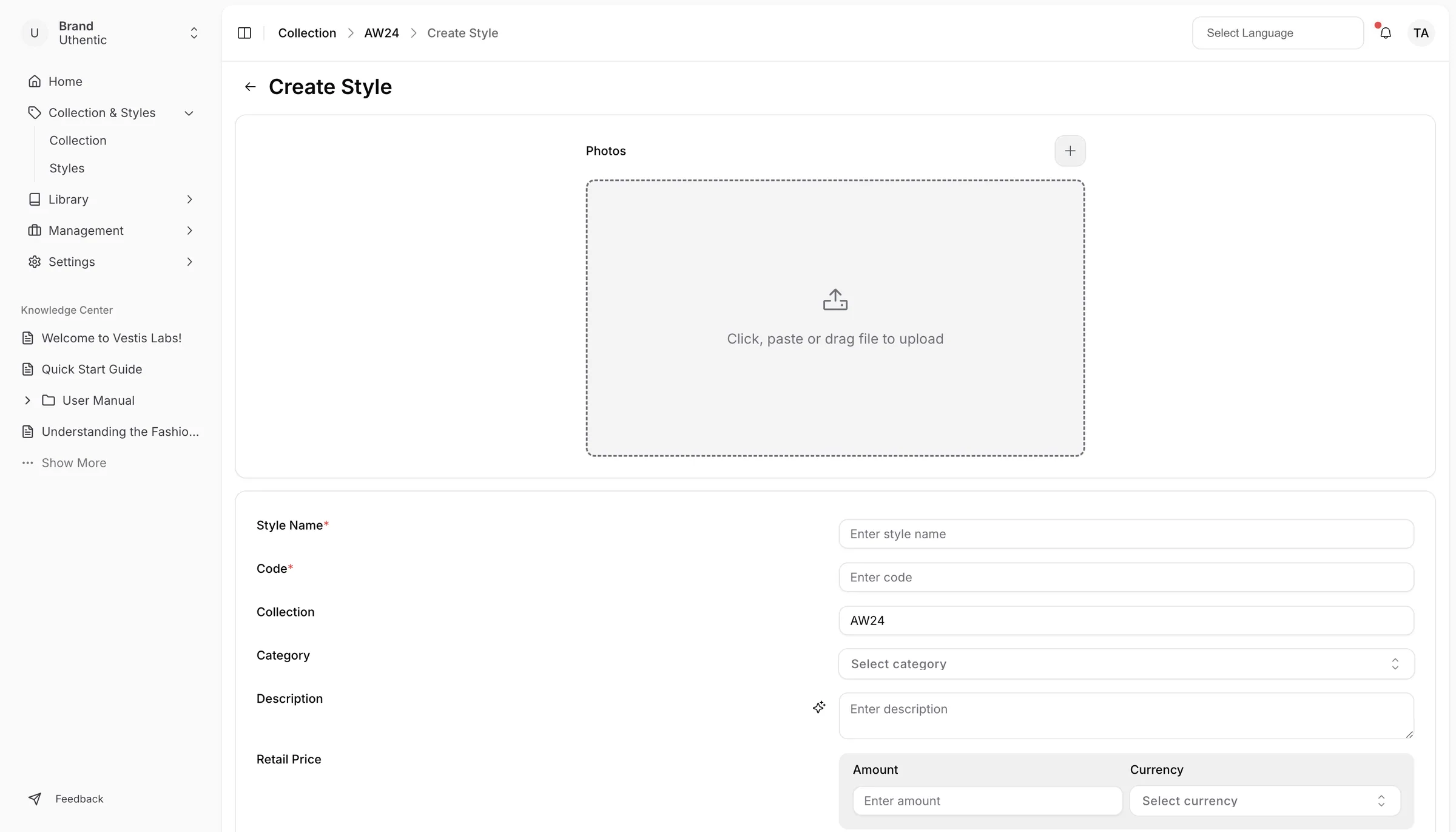Navigate to Collection & Style Style