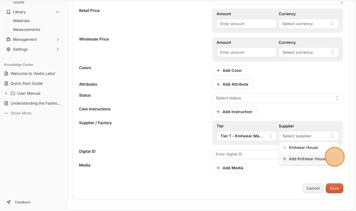 Check the create supplier page for additional instructions to create the supplier through the Create Product page.