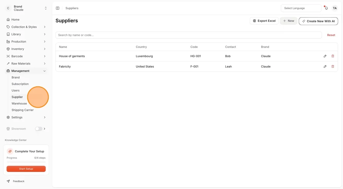 The Supplier page in the Management menu