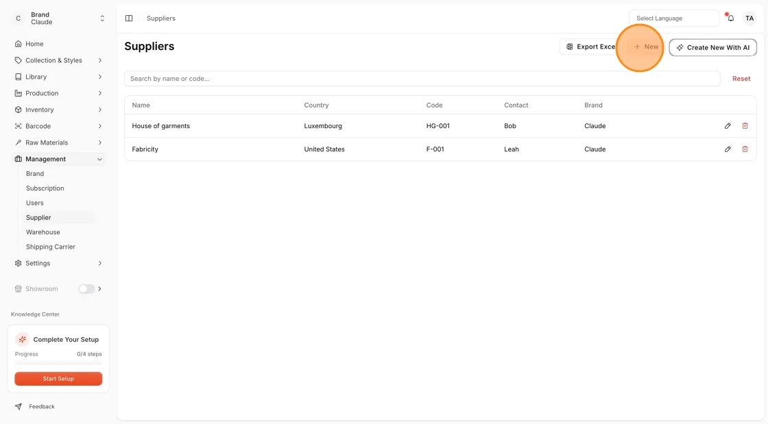 The New button in the upper-right corner of the Supplier page