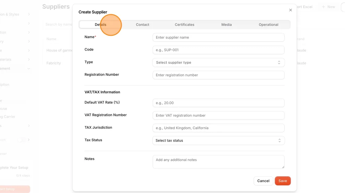 The Details tab with the supplier fields