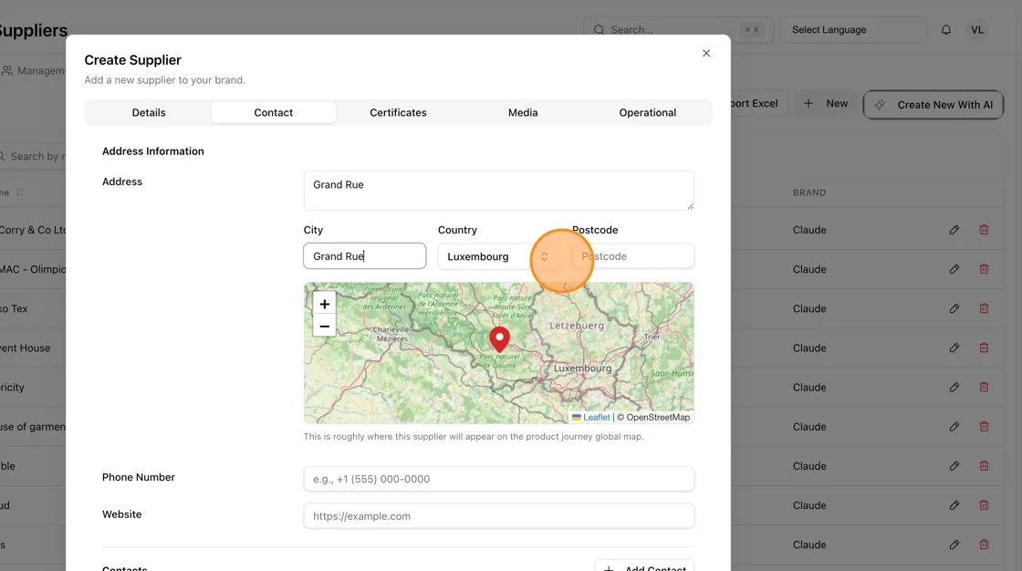 The Contact tab with the address fields and the map preview