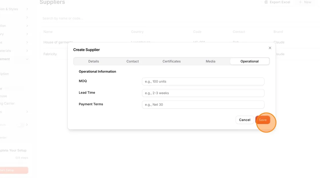 The Save button of the Create Supplier window