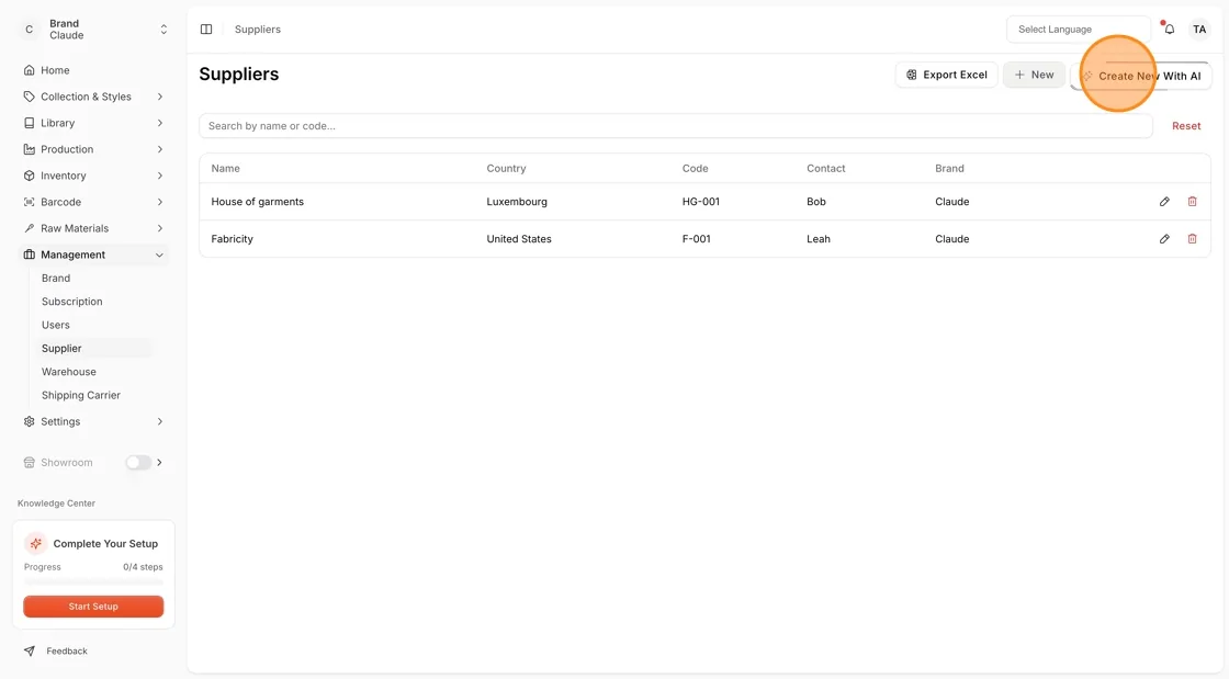 The Create New With AI button on the Supplier page