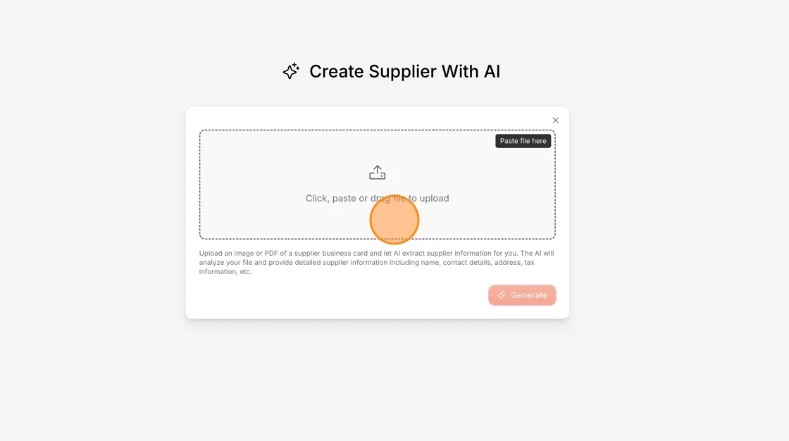 The upload area of the Create Supplier With AI window