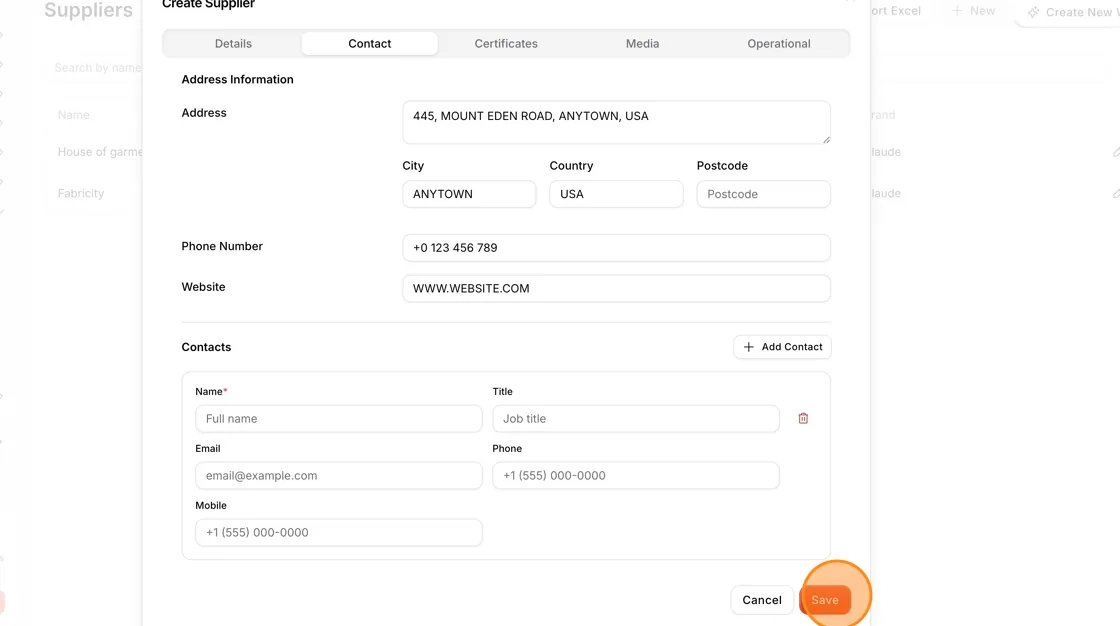 The Create Supplier window filled in from the uploaded file