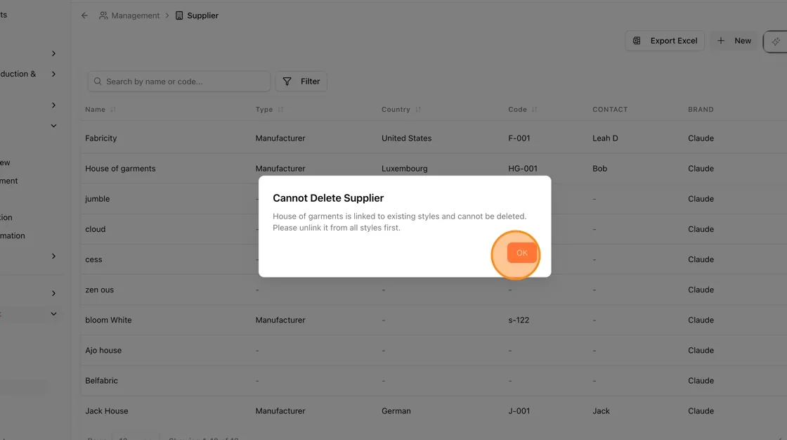 A supplier cannot be deleted if it is linked to any styles and must be unlinked from all associated styles first.