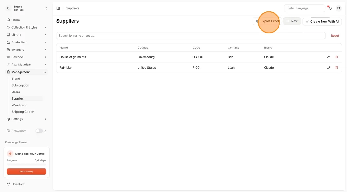 The Export Excel button on the Supplier page