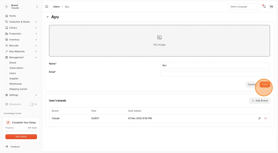 The Edit User page with the photo, name and email fields