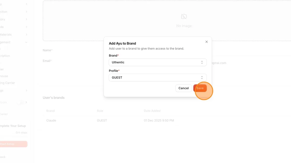 The Add user to a brand dialog with Brand and Profile