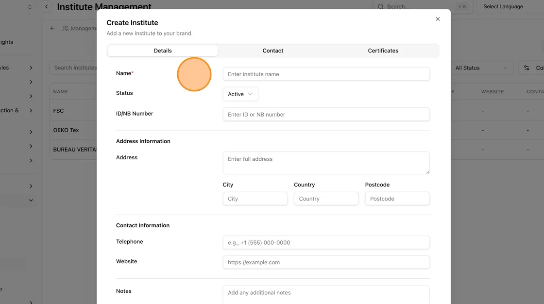 In the Create Institute modal, fill in the Details tab: