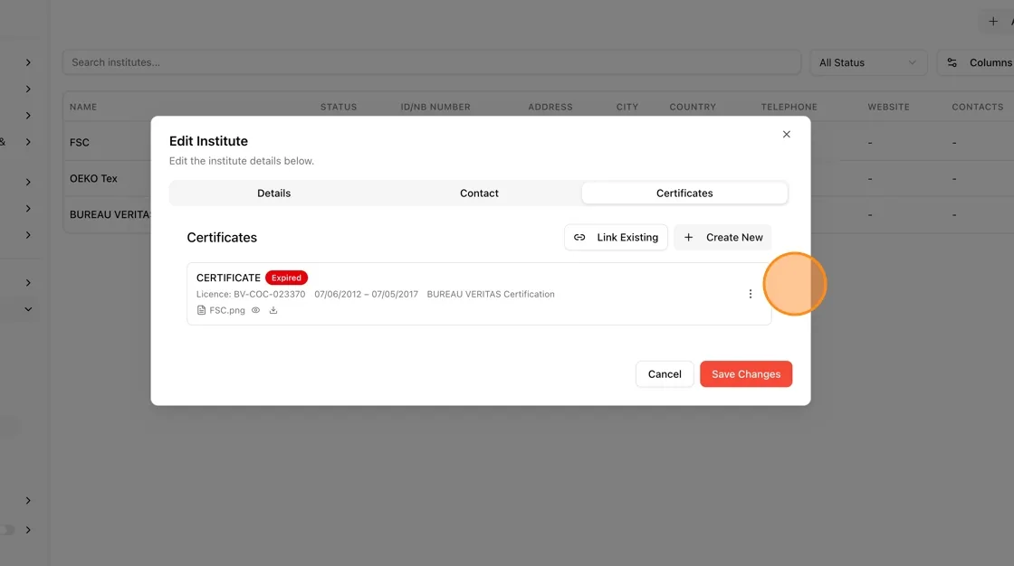 In the Edit Institute modal, go to the Certificates tab to see existing certificates (e.g., a CERTIFICATE marked “Expired”…