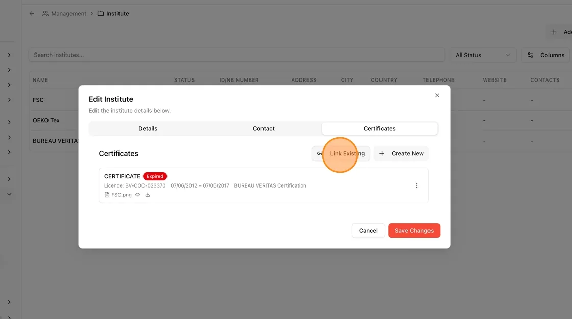 To attach an existing certificate, click Link Existing.