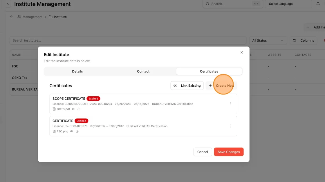 To add a brand-new certificate instead, click + Create New.