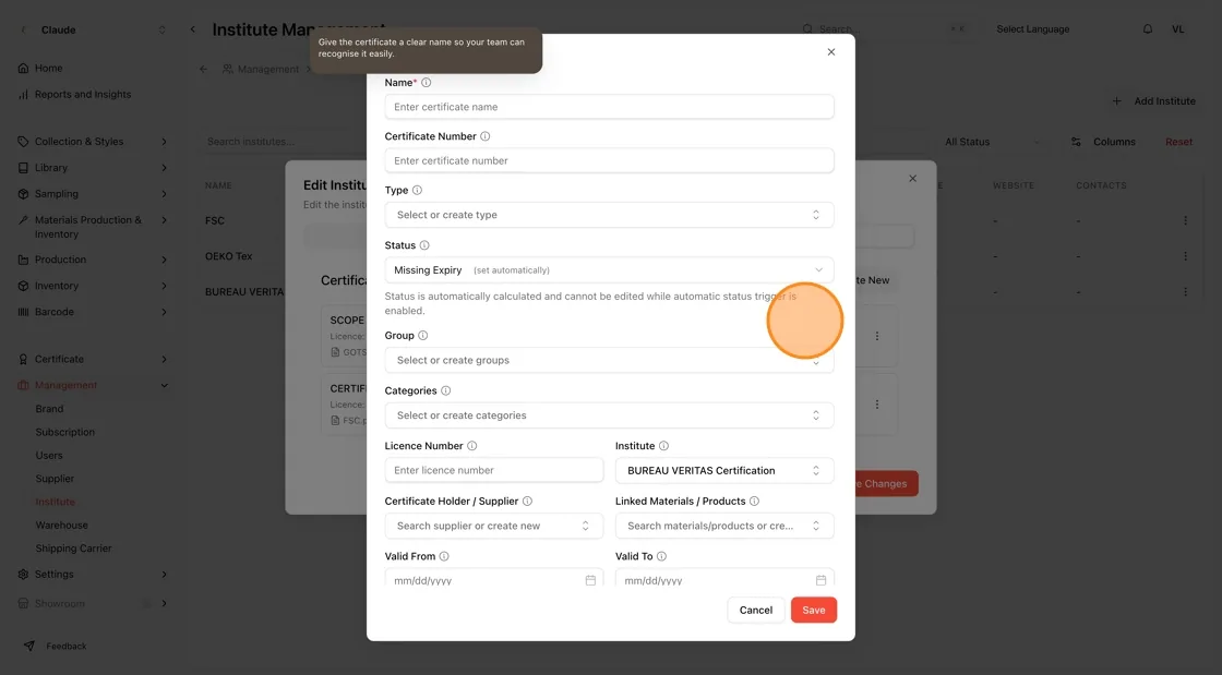 Fill in the Add Certificate form: