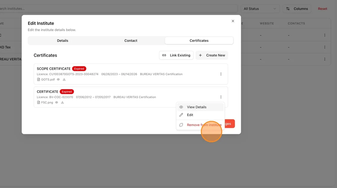 In the Edit Institute modal's Certificates tab, click the ⋮ (three-dot menu) next to the certificate you want to remove.