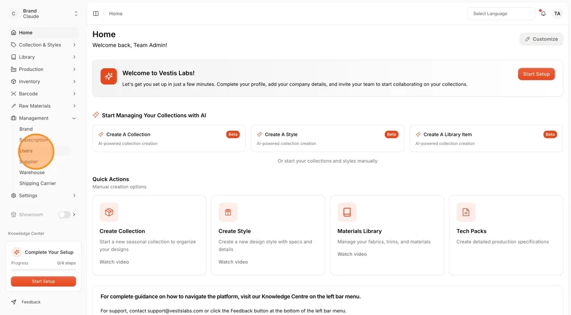 The Users page in the Management menu
