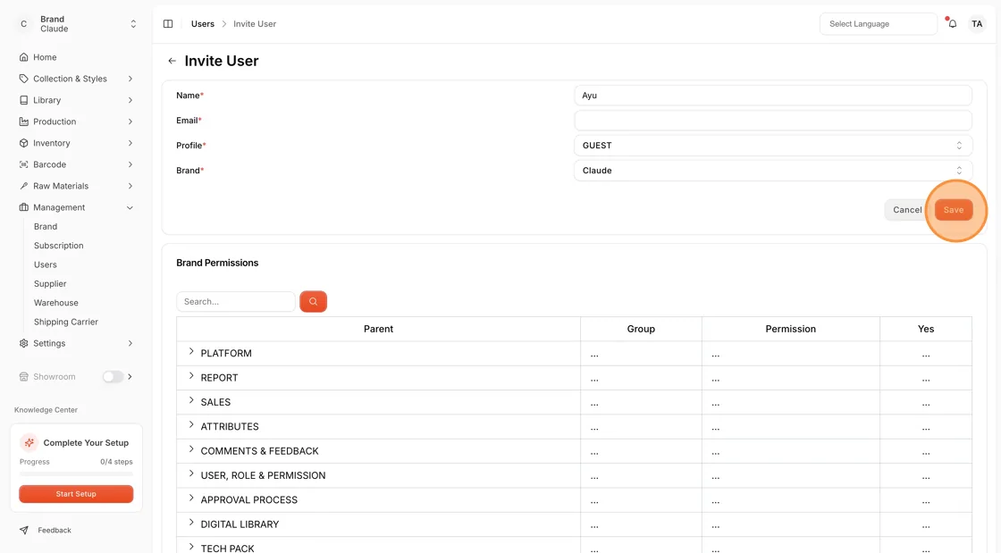 The Invite user form with Name, Email, Profile and Brand