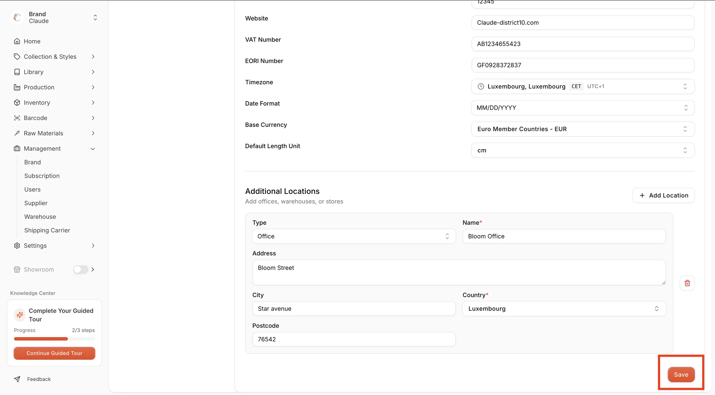 The Save button of the Edit Brand page