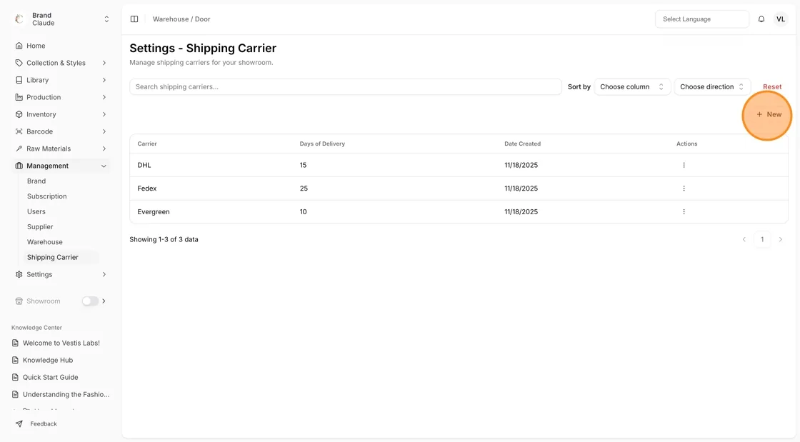 Click + New to create a new shipping carrier.