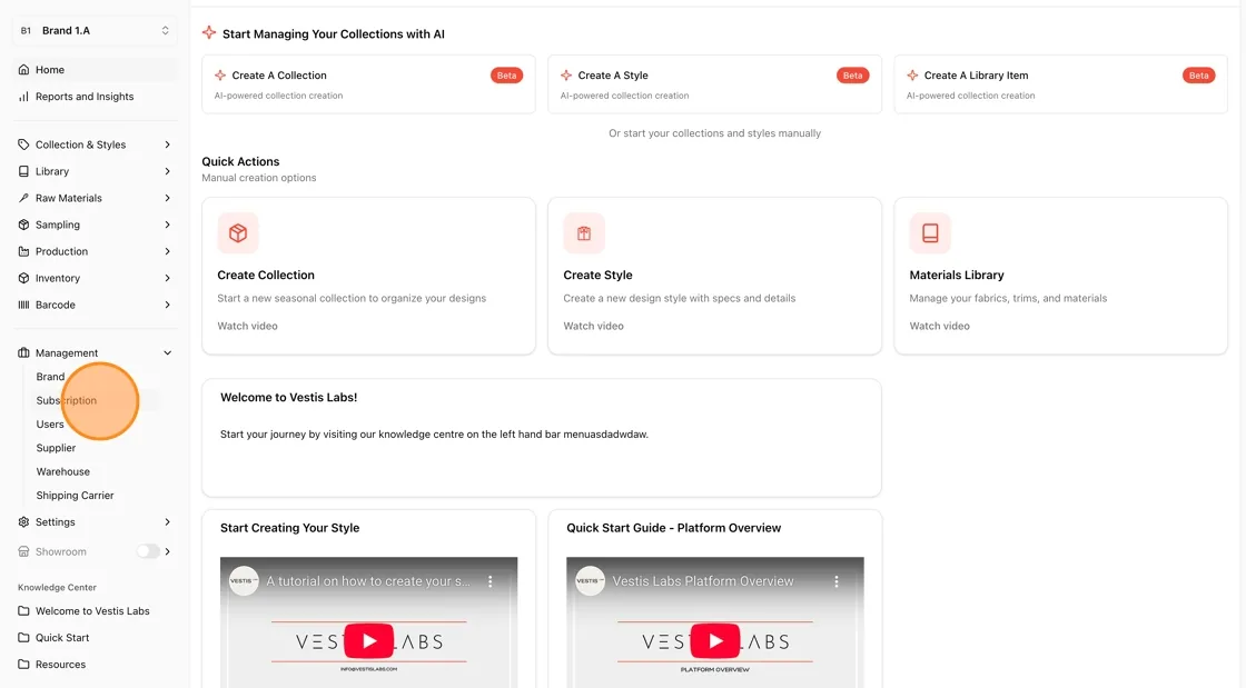 From your Vestis Labs Home dashboard, select Management Subscription from the left bar menu.