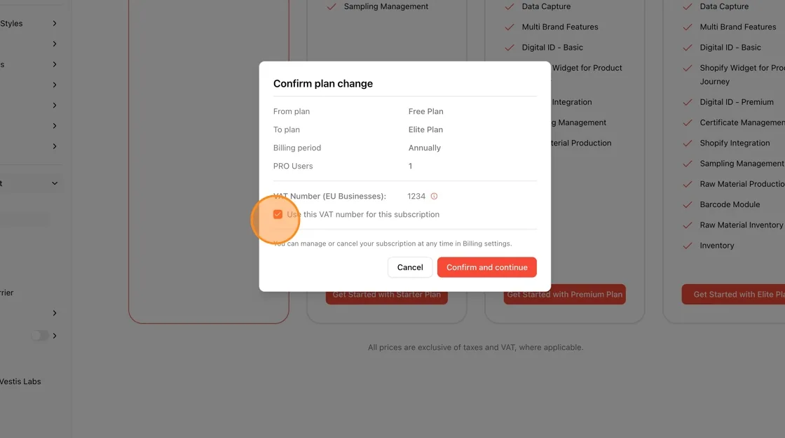The Confirm plan change dialog with the VAT number option