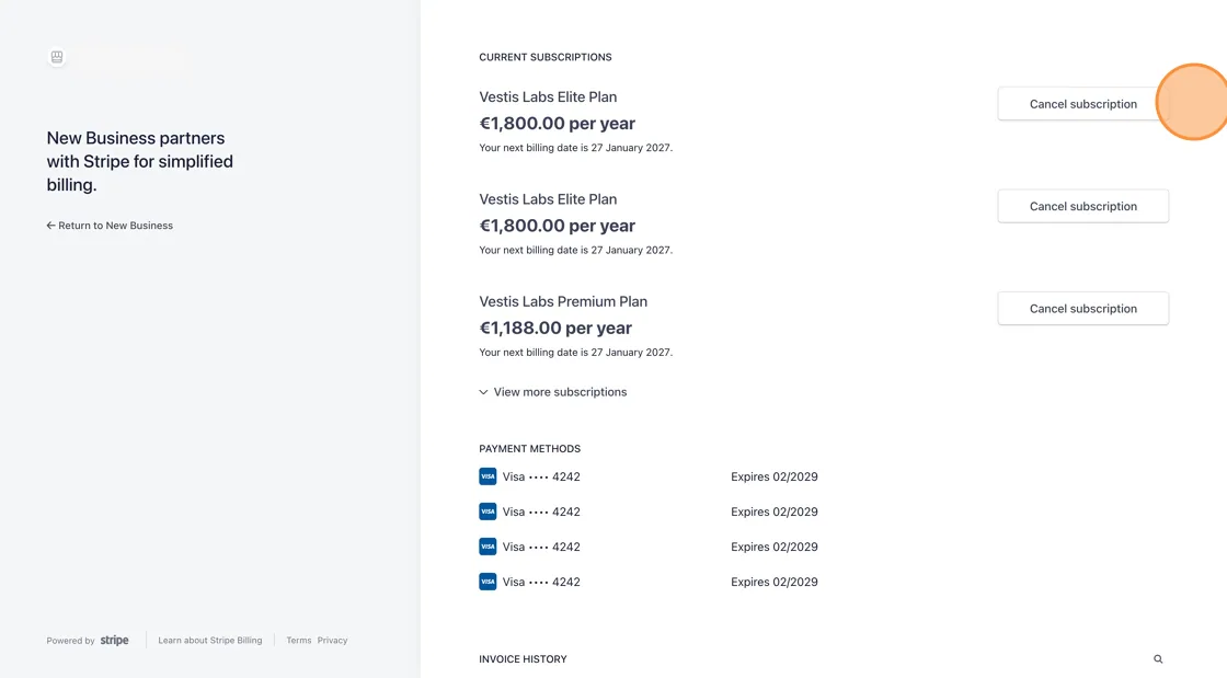 Users can manage their subscription, payment method and invoices.
