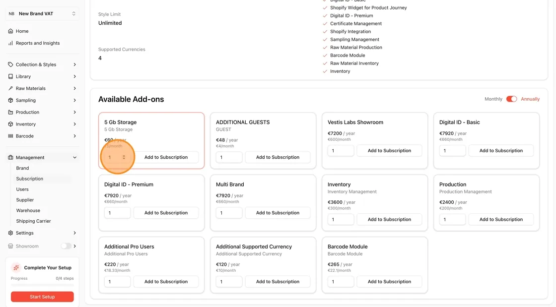 The quantity field on an add-on card