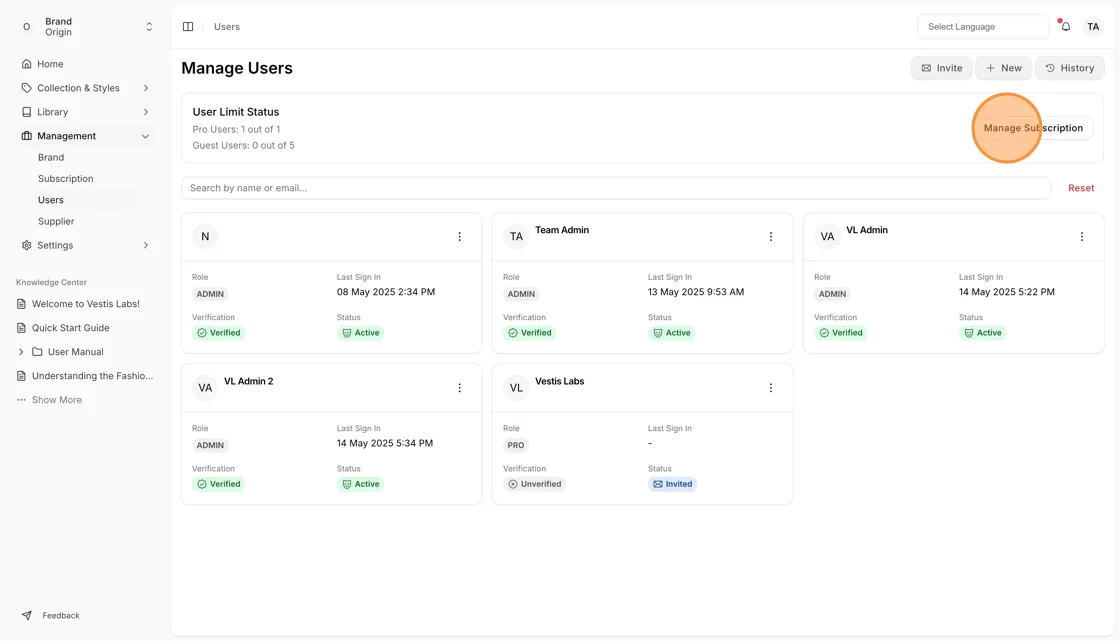 The Manage Subscription button on the Users page